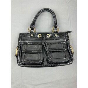Kate Landry Black Patent Satchel Purse Y2K Shoulder Bag Multi Pocket Handbag